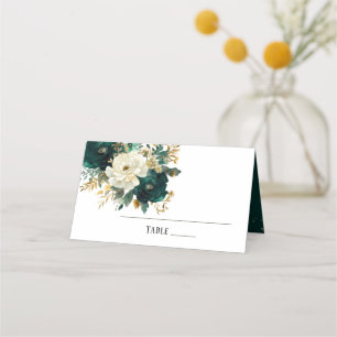 Emerald Green White Gold Peonies Wedding Table Place Card