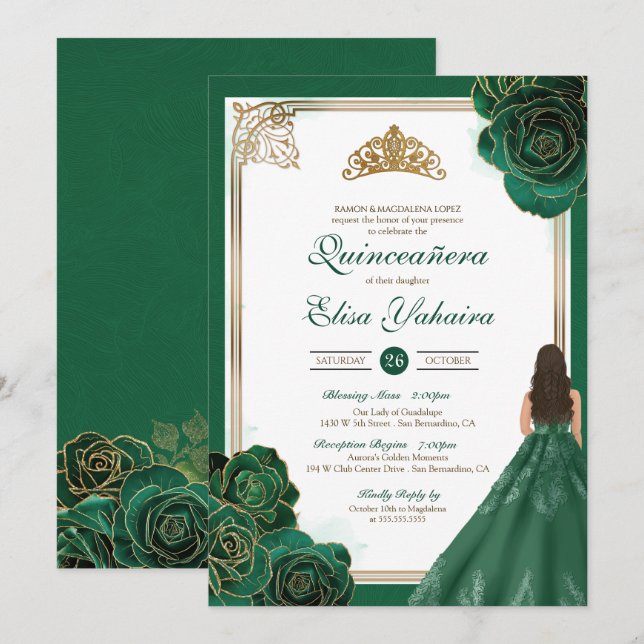 Emerald Green White Gold Roses Royal Quinceanera Invitation (Front/Back)