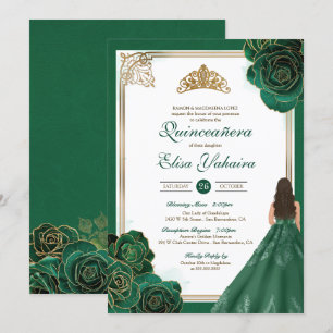 Emerald Green White Gold Roses Royal Quinceanera Invitation