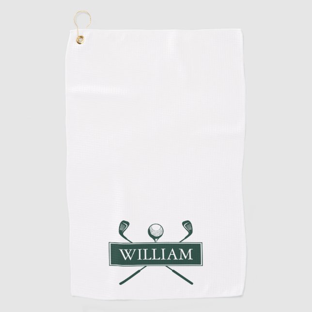 Emerald Green White Golf Clubs Personalised Name Golf Towel (Front)