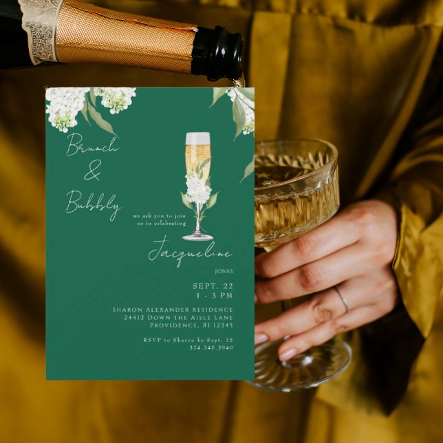 Emerald Green White Hydrangeas Brunch & Bubbly Invitation (Creator Uploaded)