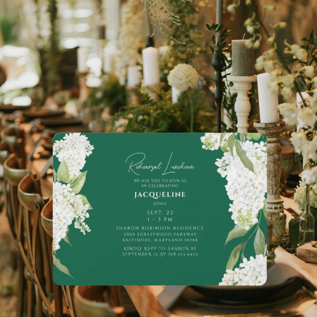 Emerald Green White Hydrangeas Rehearsal Luncheon Invitation (Creator Uploaded)