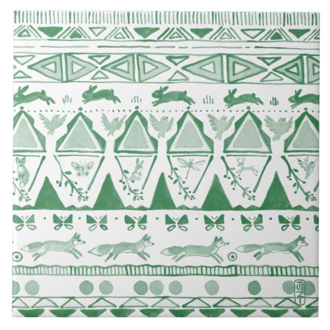 Emerald Green White Ikat Woodland Animal Pattern Tile (Front)