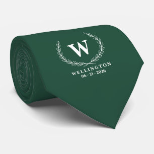 Emerald Green White Laurel Monogram Wedding Name Tie
