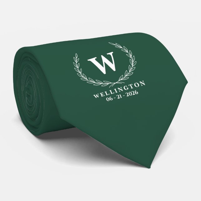 Emerald Green White Laurel Monogram Wedding Name Tie (Rolled)