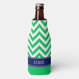 Emerald Green White LG Chevron Navy Name Monogram Bottle Cooler