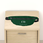 Emerald green white monogram initials name bum bags<br><div class="desc">Emerald green background,  white text. Personalise and add your monogram initials and full name.</div>