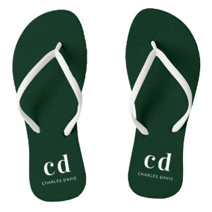 Emerald green white monogram initials name flip flops