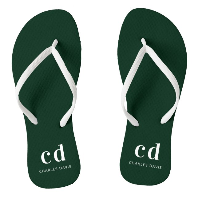 Emerald green white monogram initials name flip flops (Footbed)