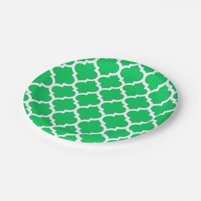 Emerald Green White Moroccan Quatrefoil Pattern #5 Paper Plate (Angled)