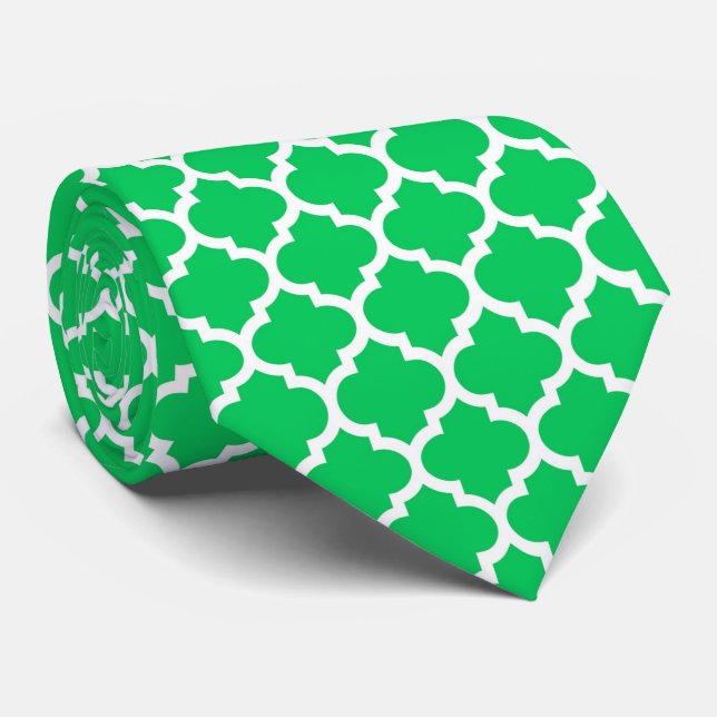 Emerald Green White Moroccan Quatrefoil Pattern #5 Tie (Rolled)