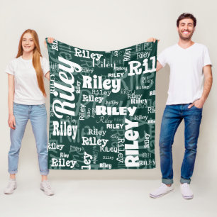 Emerald Green White Name Pattern Personalized Fleece Blanket