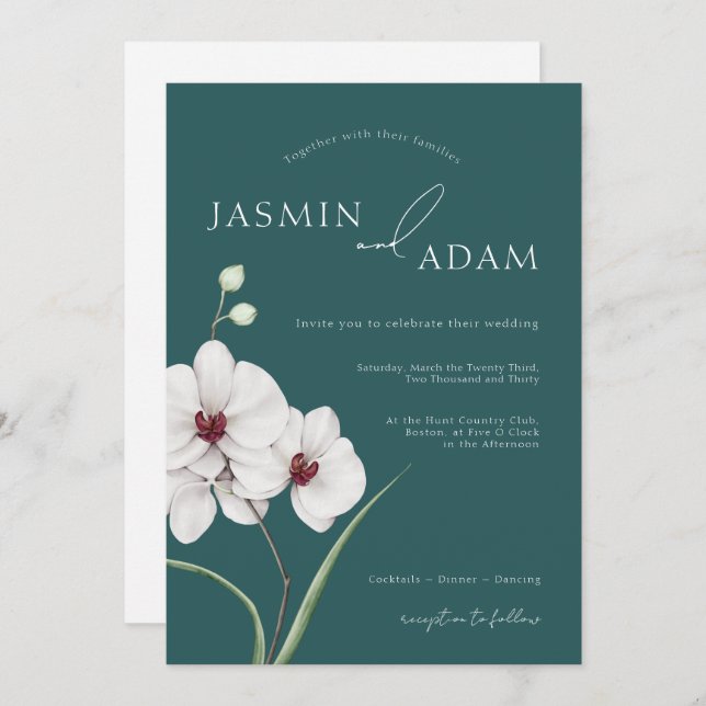 Emerald Green White Orchids Initial Floral Wedding Invitation (Front/Back)