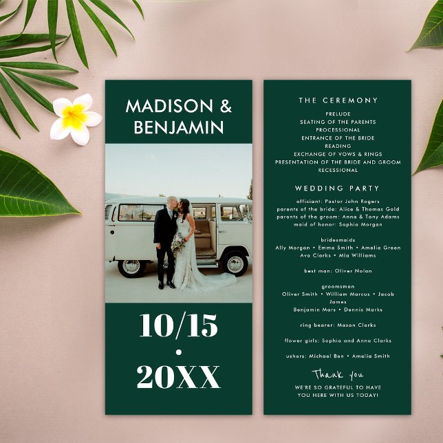 Emerald Green White Photo Bold Minimalist Wedding Programme (Front / Back)