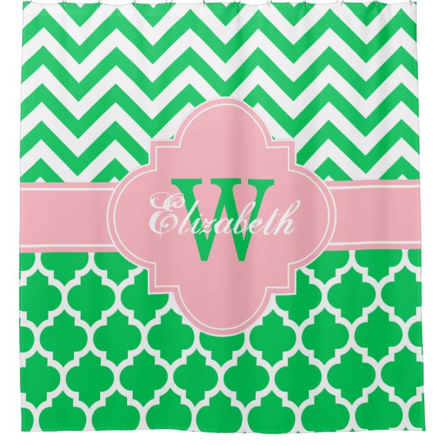 Emerald Green White Pink Moroccan #5 Chevron 1IQRN Shower Curtain (Front)