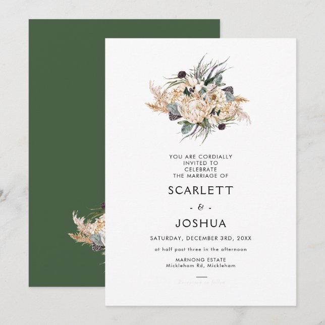 Emerald Green White Protea Pampas Wedding Invitati Invitation (Front/Back)