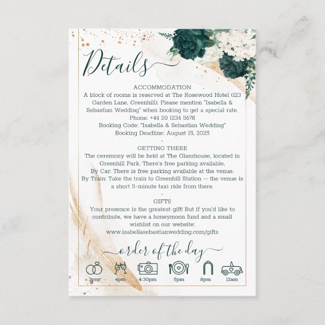 Emerald Green & White Rose Floral Wedding Details Enclosure Card (Front)