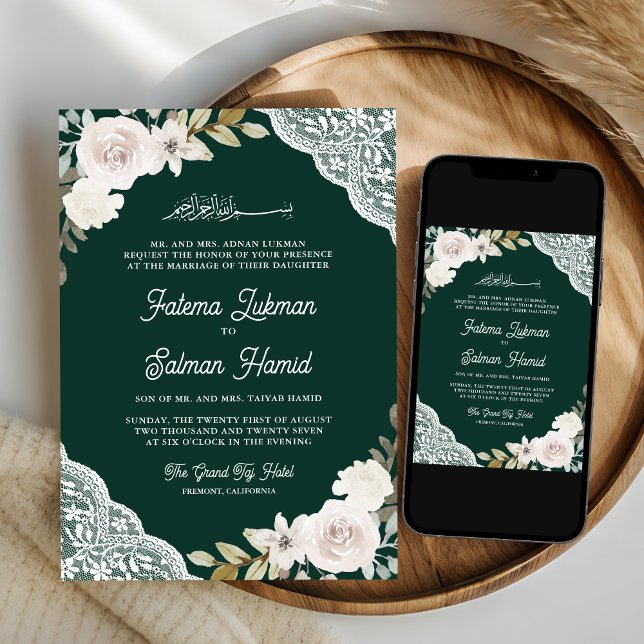 Emerald Green White Roses Lace Muslim Wedding Invitation (Creator Uploaded)