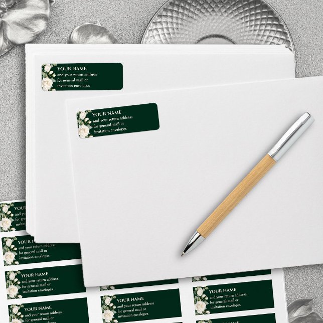 Emerald Green White Roses Return Address (Return Address Labels from the Princess Dress and Roses Quinceanera Collection by Darling & May)