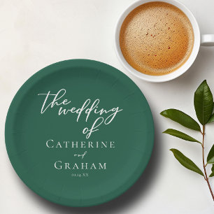 Emerald Green White Script Personalised Wedding Paper Plate