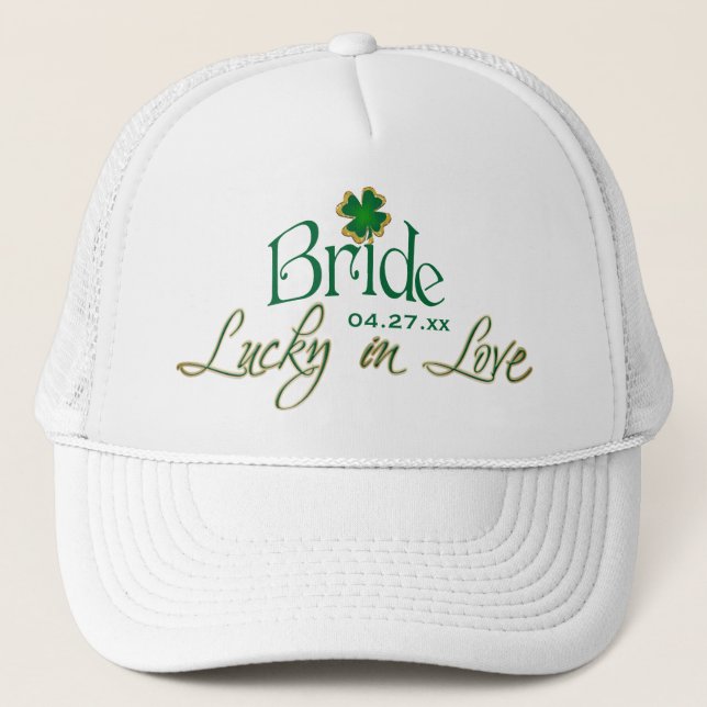 Emerald Green, White Shamrock Lucky in Love Bride Trucker Hat (Front)