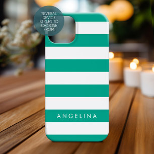 Emerald Green & White Striped Pattern Custom Name