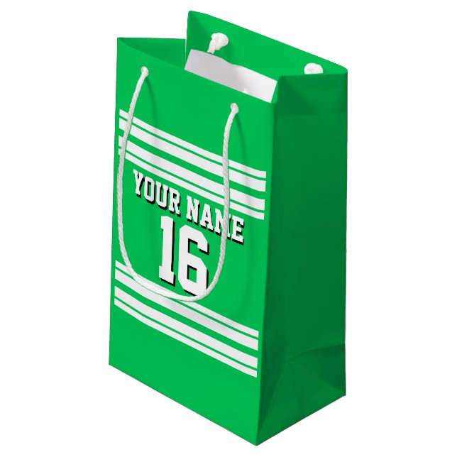 Emerald Green White Team Jersey Custom Number Name Small Gift Bag (Back Angled)