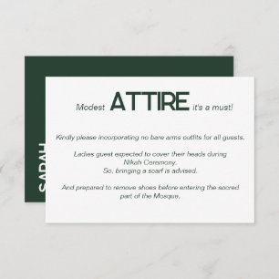 Emerald Green White Wedding Attire Dress Code Card