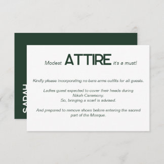 Emerald Green White Wedding Attire Dress Code Card