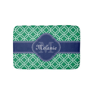 Emerald Green Wht Moroccan Pattern Navy Monogram Bath Mat