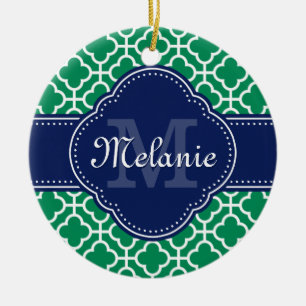 Emerald Green Wht Moroccan Pattern Navy Monogram Ceramic Tree Decoration