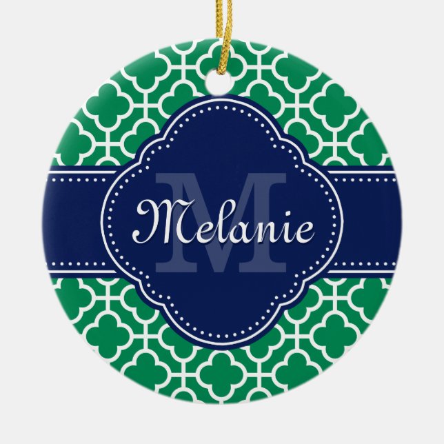 Emerald Green Wht Moroccan Pattern Navy Monogram Ceramic Tree Decoration (Front)