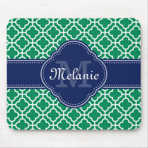 Emerald Green Wht Moroccan Pattern Navy Monogram Mouse Mat