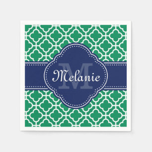 Emerald Green Wht Moroccan Pattern Navy Monogram Napkin