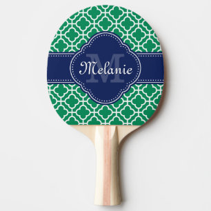 Emerald Green Wht Moroccan Pattern Navy Monogram Ping Pong Paddle