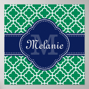 Emerald Green Wht Moroccan Pattern Navy Monogram Poster