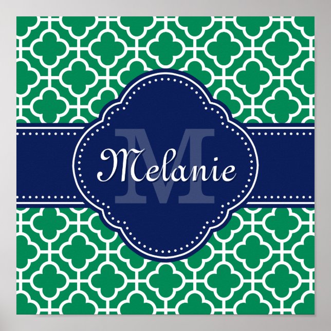 Emerald Green Wht Moroccan Pattern Navy Monogram Poster (Front)