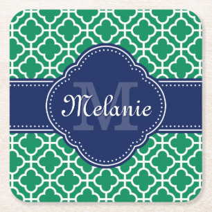Emerald Green Wht Moroccan Pattern Navy Monogram Square Paper Coaster