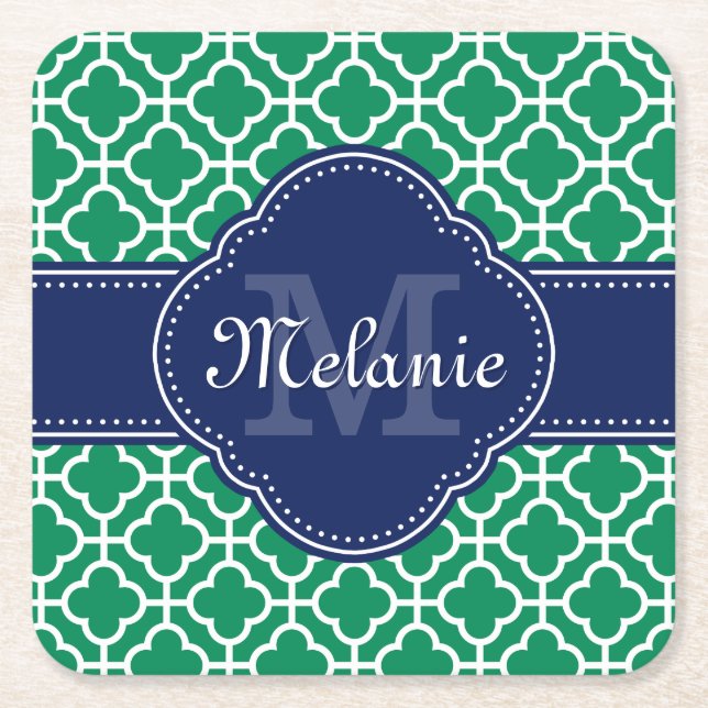Emerald Green Wht Moroccan Pattern Navy Monogram Square Paper Coaster (Front)