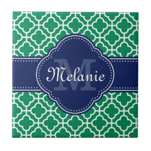 Emerald Green Wht Moroccan Pattern Navy Monogram Tile