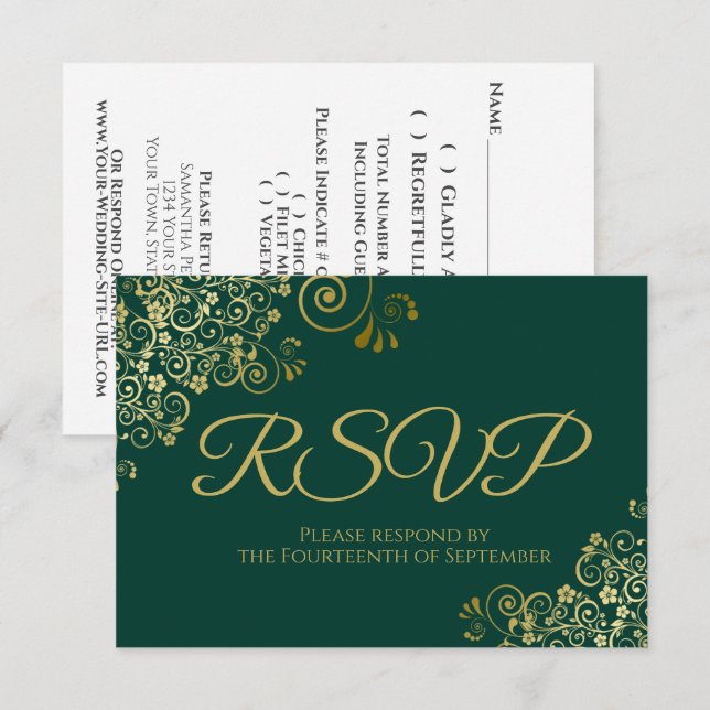 Emerald Green with Elegant Gold Lace Wedding RSVP Card (Front/Back)