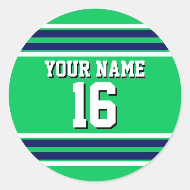 Emerald Green with Navy White Stripes Team Jersey Classic Round Sticker (Front)