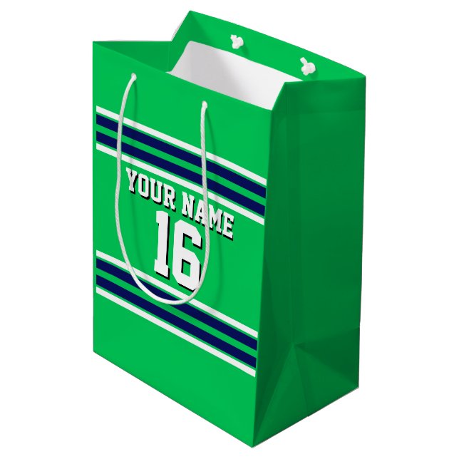 Emerald Green with Navy White Stripes Team Jersey Medium Gift Bag (Back Angled)