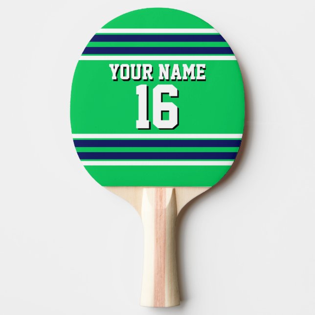 Emerald Green with Navy White Stripes Team Jersey Ping Pong Paddle (Front)
