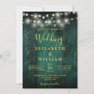 Emerald Green Wood String Lights Details Wedding Invitation