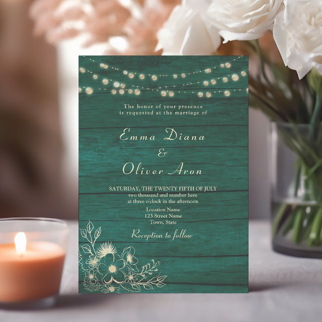 Emerald Green Wood String Lights Wedding Invitation (Creator Uploaded)