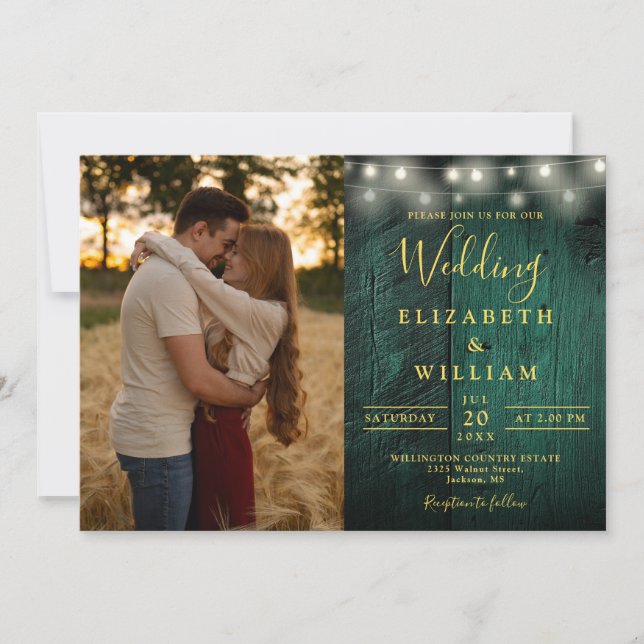 Emerald Green Wood String Lights Wedding Photo Invitation (Front)