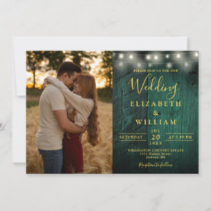 Emerald Green Wood String Lights Wedding Photo Invitation