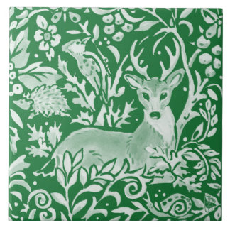 Emerald Green Woodland Animal Deer Hedgehog Floral Tile