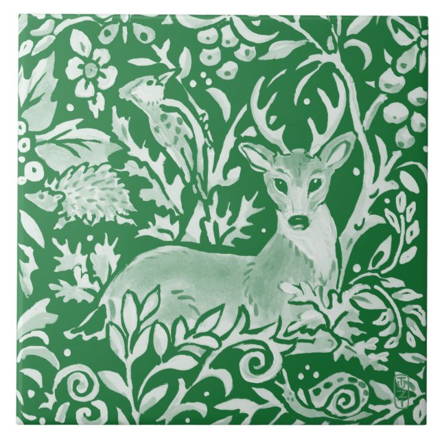 Emerald Green Woodland Animal Deer Hedgehog Floral Tile (Front)